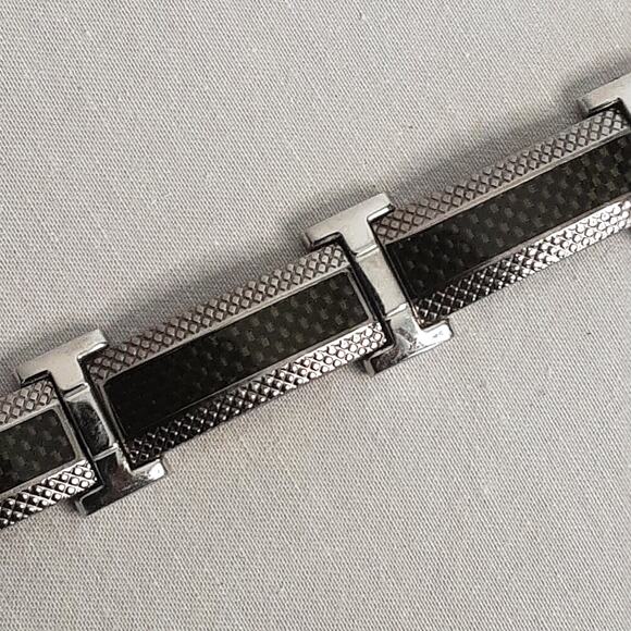 Heavy Duty Steel Bracelet And Black Long Panel Links Fold Over Clasp - Picture 6 of 7